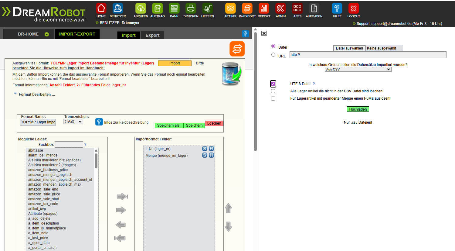 DreamRobot Import-Einstellungen – Import-Format TOLYMP Lager Import Bestandsmenge für Inventur