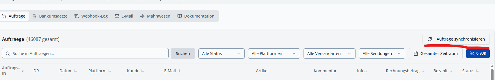 Aufträge synchronisieren im Dashboard