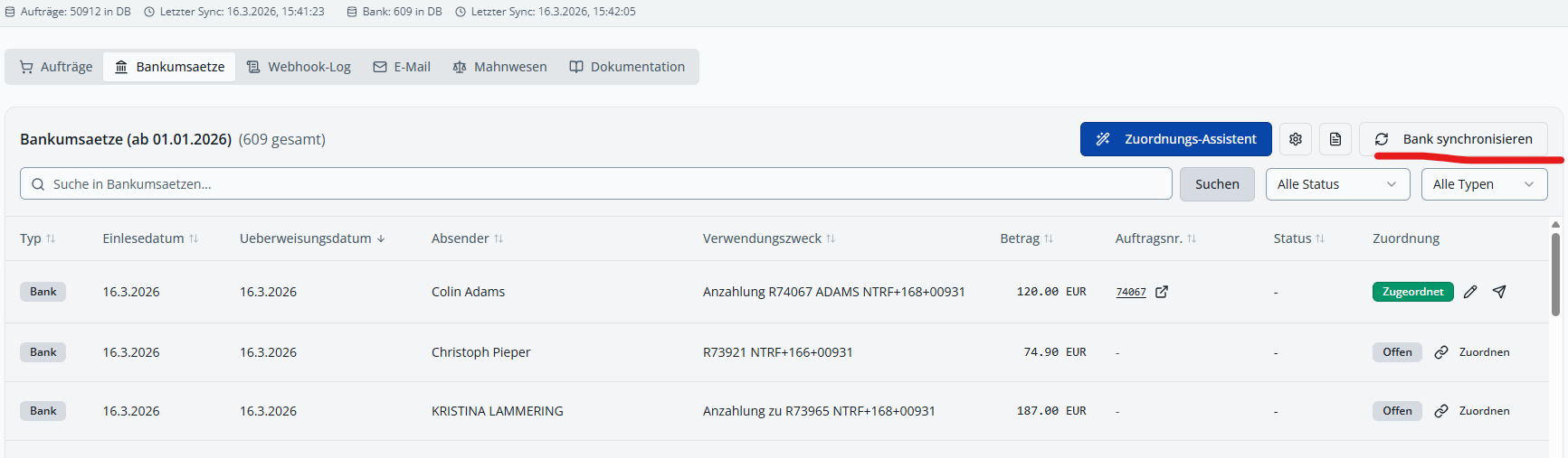 Bank synchronisieren im Register Bankumsätze