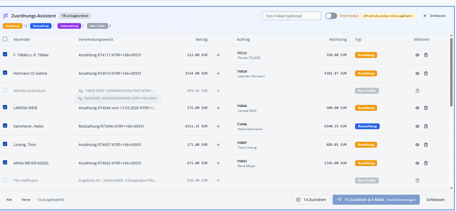 Zuordnungs-Assistent mit erkannten Bankumsätzen
