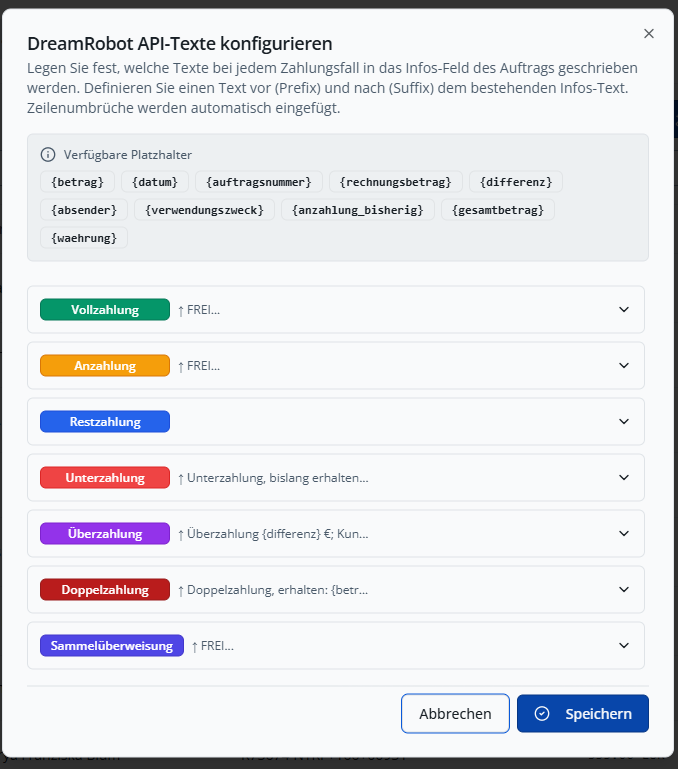 DreamRobot API-Texte konfigurieren