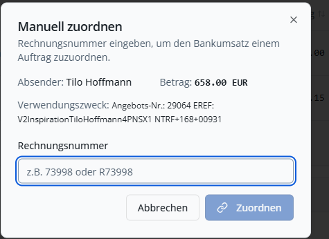 Manuelle Zuordnung über Eingabe der Auftragsnummer