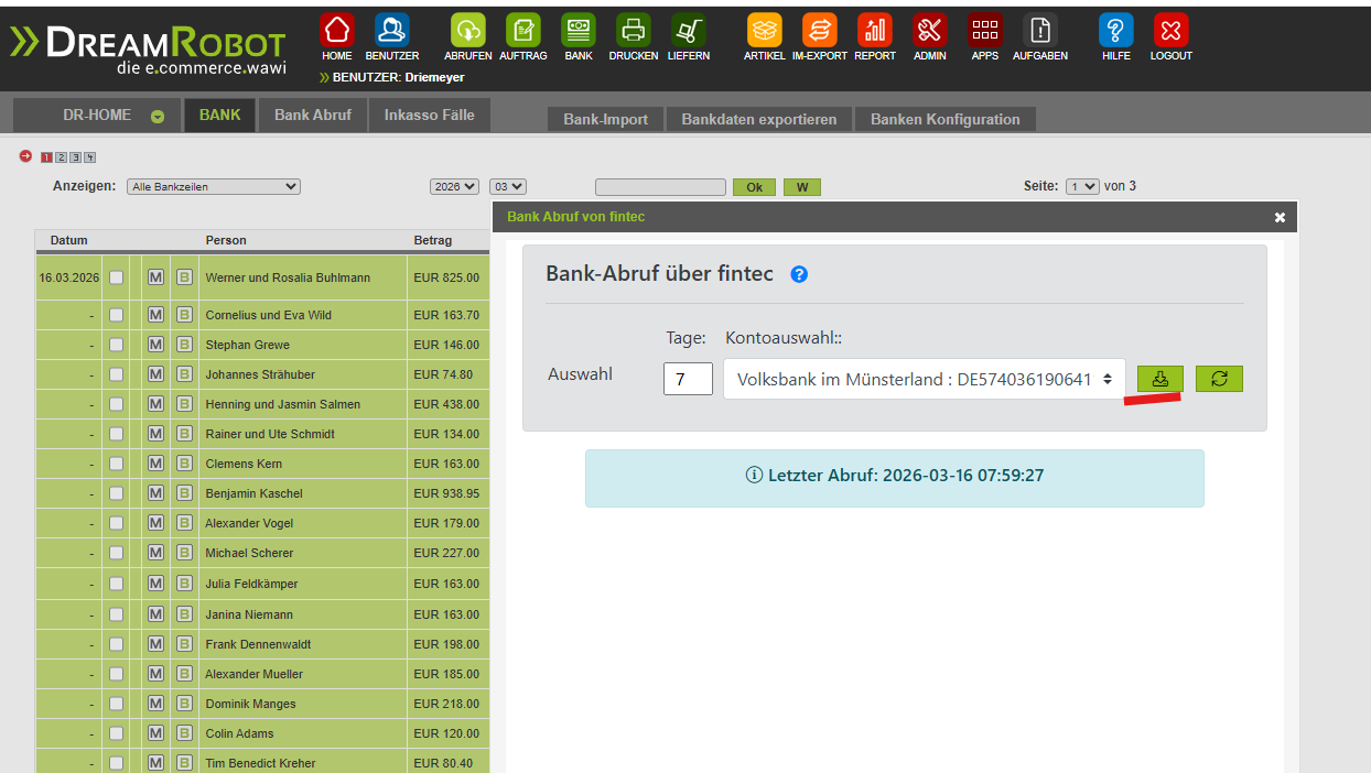 Funktion Abrufen im Modul BANK