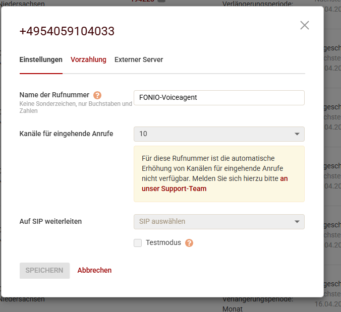 Rufnummer in Zadarma auswählen