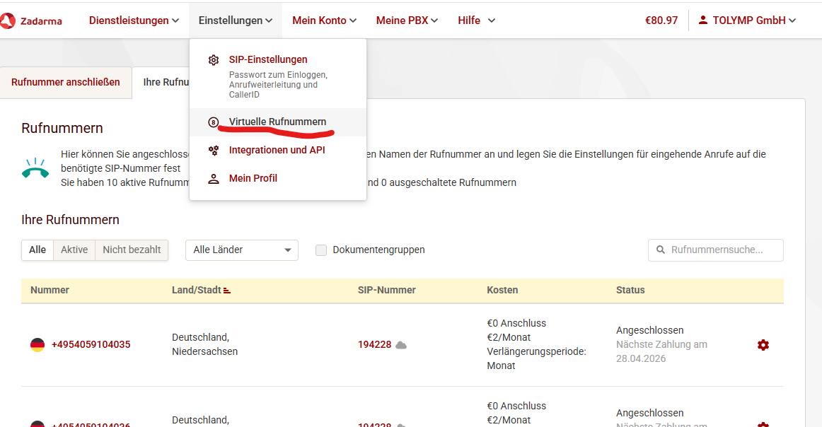 Virtuelle Nummern in Zadarma