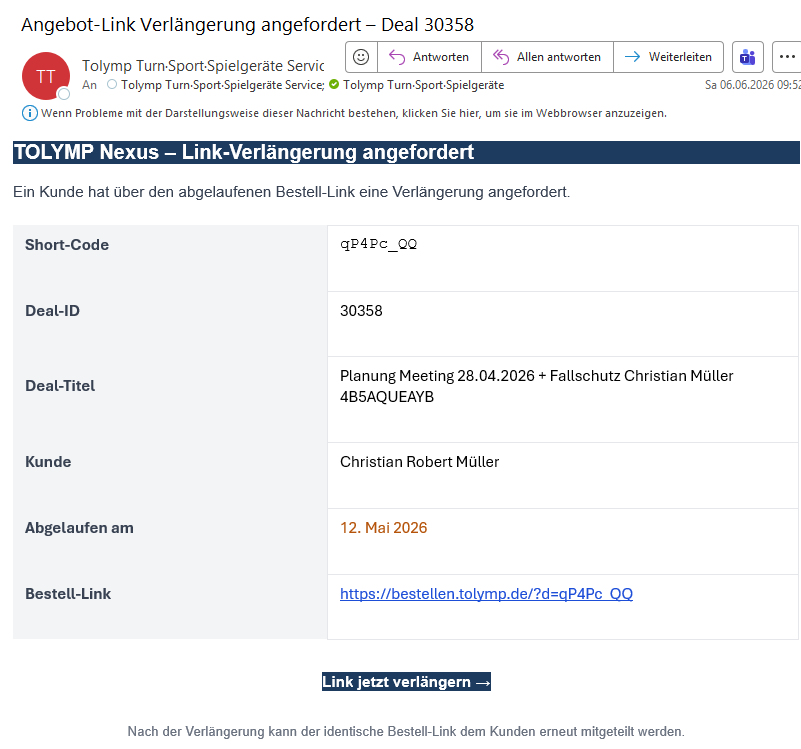 Verlängerungs-Link angefordert